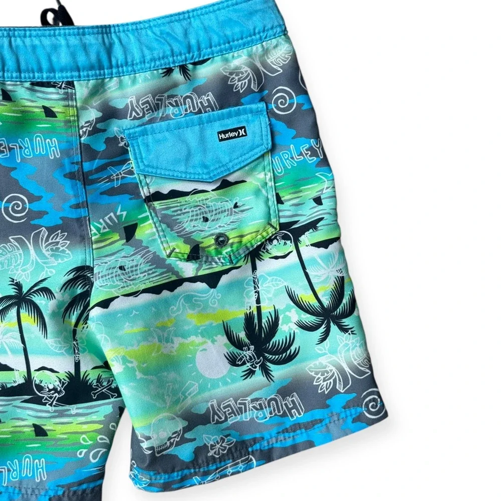 Hurley Boys Swim Trunks Size 4 Turquoise Blue Green Palm Tree Board Shorts